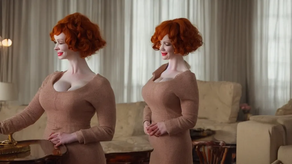 Image similar to a very happy beautiful Christina Hendricks in the living room, film still from the movie directed by Denis Villeneuve with art direction by Salvador Dalí, wide lens