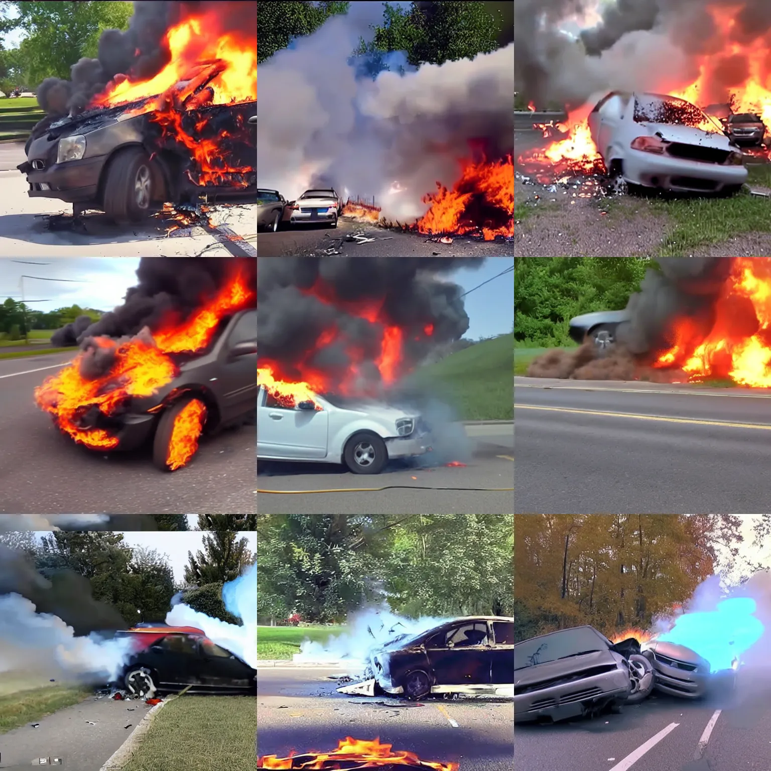 Prompt: still frame of a slowmo video of a car crashing and flipping over with fire and explosion