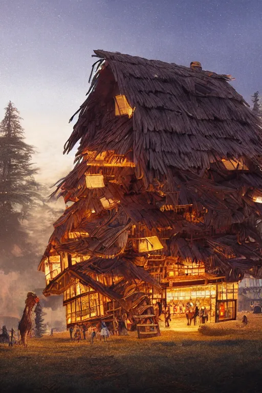 Prompt: an awesome twilight day concept art of giant old hut mixed with giant chicken, by kengo kuma and wes anderson with village, mixed development, cgsociety, fantastic realism, artstation hq