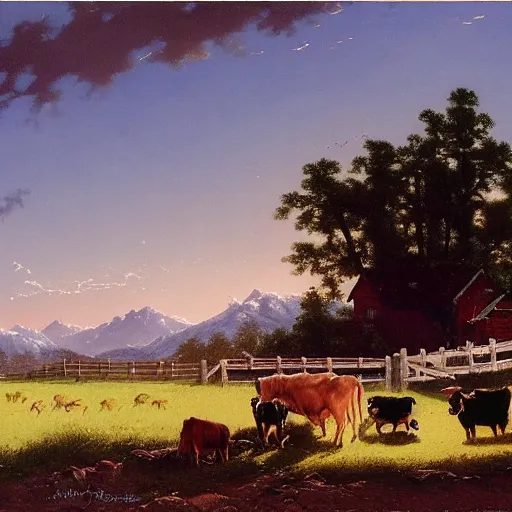 Image similar to an extremely detailed matte painting of a rancher feeding the animals at sunrise, dog, cows, sheep, chickens, ducks, 4 k, ranch the morning after a light snowfall, by bob ross and norman rockwell