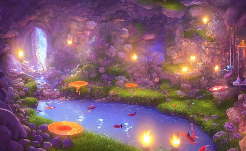 Image similar to magical mine illustration. fantasy, soft lighting, 8 k, sharp focus, global illumination, paid artwork, portfolio, detailed and intricate environment, koi pond vibe