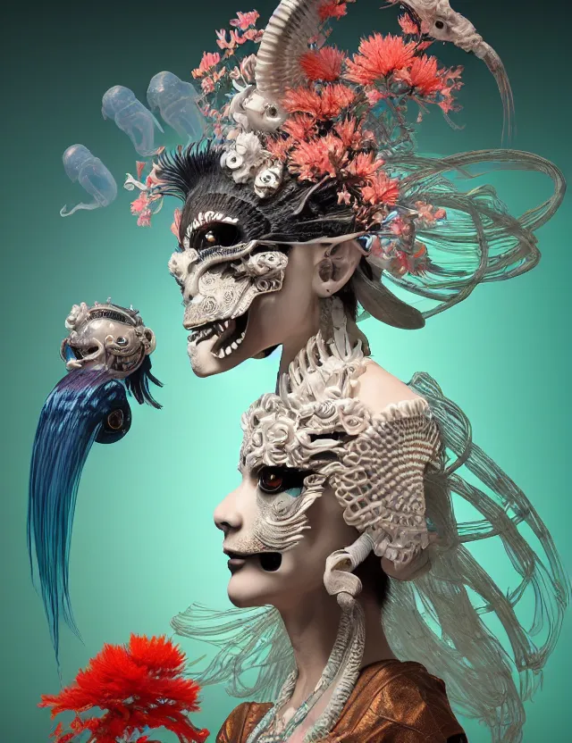 Image similar to 3 d goddess bottom - up with ram skull. beautiful intricately detailed japanese crow kitsune mask and clasical japanese kimono. betta fish, jellyfish phoenix, bio luminescent, plasma, ice, water, wind, creature, artwork by tooth wu and wlop and beeple and greg rutkowski