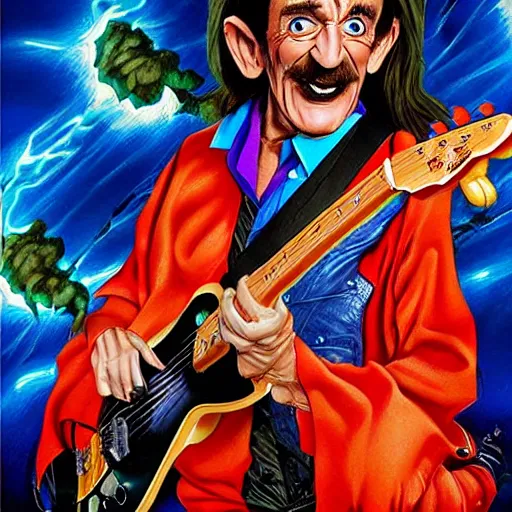 Prompt: Barry Chuckle Shredding on an electric guitar in the style of Jason Edmiston