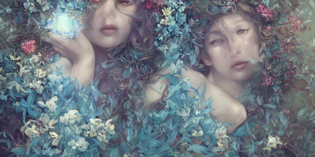 Prompt: breathtaking detailed concept art painting portrait of the hugs goddess of light blue flowers, blonde curly hair, ornate background, amalgamation of leaves and flowers, by hsiao - ron cheng, extremely moody lighting, 8 k