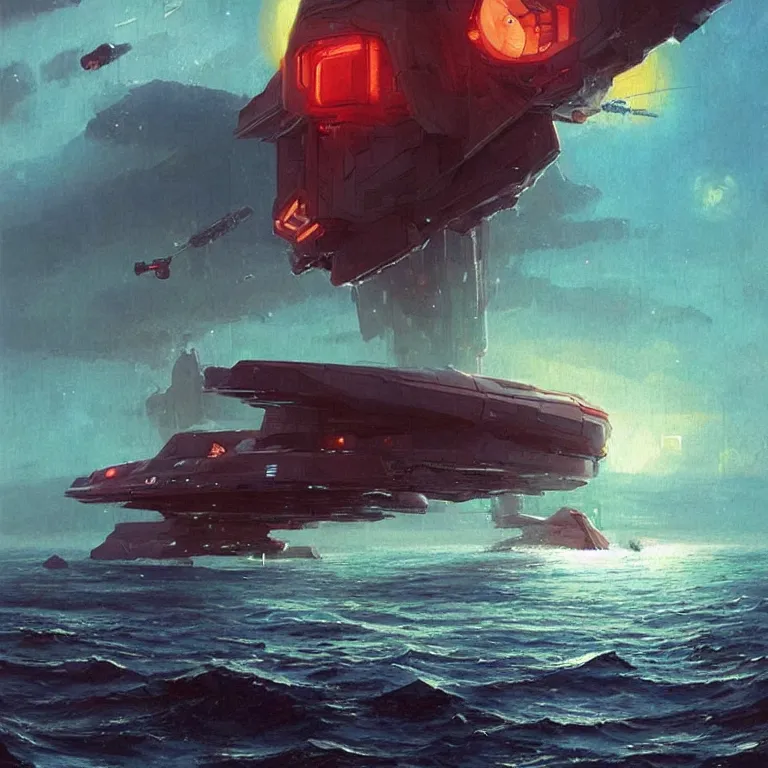 Image similar to behemoth spaceship covered in antenna that is crashing into the ocean, scifi concept art, by john harris, by simon stalenhag, stunning, award winning