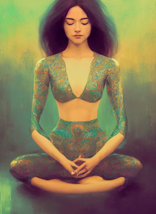 Image similar to girl meditating in lotus position, teal suit, intricate, elegant, highly detailed, artstation, sharp focus, illustration, ruan jia, mandy jurgens, rutkowski, mucha