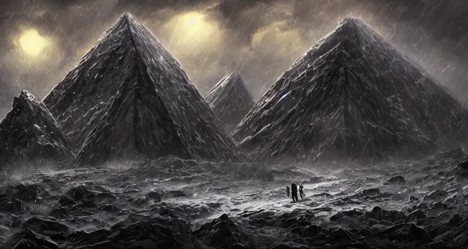 Image similar to black lovecraftian eldritch!! obsidian pyramid!! on a snowy mountain, being found by explorers, snowy, windy, by eugene von guerard, ivan shishkin, night, red lightning!!, storm!, dramatic lighting, concept art, trending on artstation, 8 k