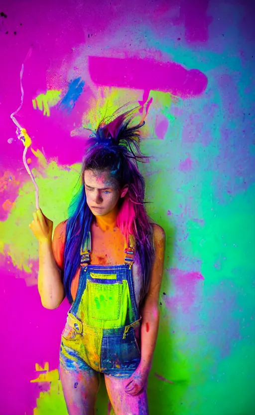 Image similar to grungy woman, rainbow hair, soft eyes and narrow chin, dainty figure, wet t-shirt, torn overalls, skimpy shorts, covered in neon paint, luminescent, dark, dramatic, cinematic, Sony a7R IV, symmetric balance, polarizing filter, Photolab, Lightroom, 4K, Dolby Vision, Photography Award