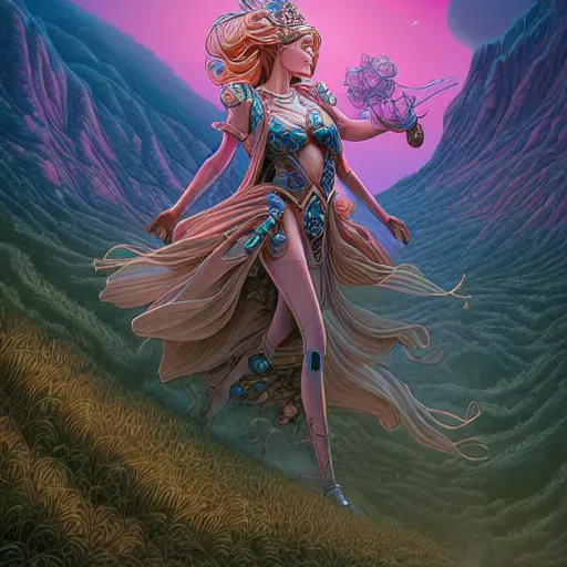 Prompt: ethereal cybernetic princess in the mountains, extremely detailed, sharp focus, wide view, full body shot, smooth, digital illustration, by lisa perrin!!!!, dan mumford, james jean, by rossdraws, frank franzzeta, sakimichan