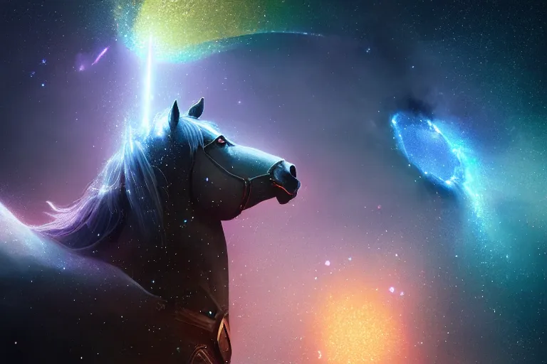 Prompt: a stunning horse made of illuminated stardust particles running through a space nebula by greg rutkowski, high key lighting, volumetric light, digital art, highly detailed, fine detail, intricate, ornate, complex, octane render, unreal engine, photorealistic