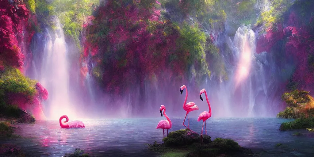 Prompt: flamingo in the lake, magical energies emanating from it, waterfall, god rays, wide angle, fantasy art, matte painting, sharp focus, vibrant colors, high contrast, illustration, art by justin gerard