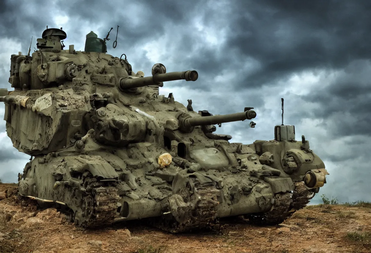 Prompt: my neighbor totoro tank, post apocalyptic style. fox holes. colorized, shot on film, wide angle, stormy sky, lightning