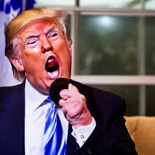 Prompt: Donald Trump screaming, angry, and refusing to eat his dinner, 4k, high quality photograph