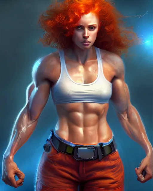 Prompt: muscular female firefighter, perfect face, ginger hair, abs, cinematic, stunning, cute, adorable, athletic, strong, agile, highly detailed, psychedelic, digital painting, artstation, smooth, hard focus, illustration, art by jessica rossier and and brian froud