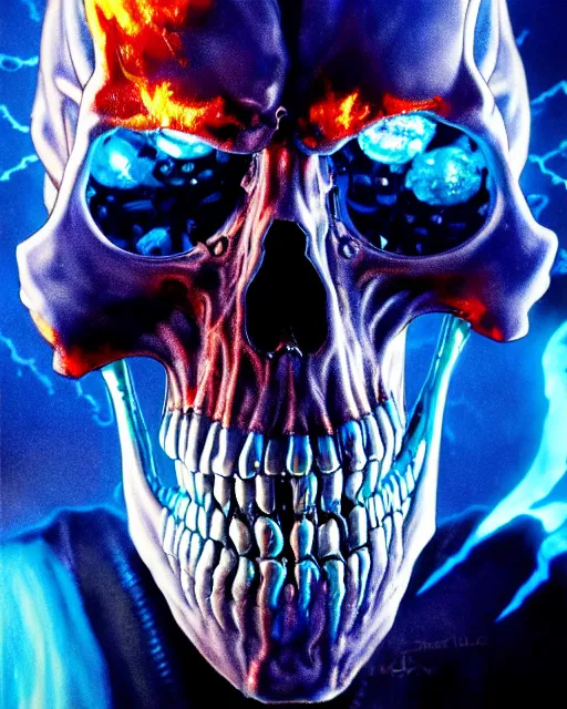 Prompt: blue fiery eyes spawn - terminator skull - ghost rider - hybrid, supervillains, intricate artwork, concept art, eyes octane render, deviant art, cinematic, key art, hyperrealism, iridescent accents, portrait photograph, in hell, nikon 3 5 mm, ridley scott, frank miller, moebius, dan mumford, jim lee