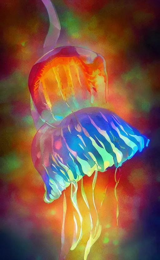 Image similar to jelly fish, autumn light, colorful, smoke, beautiful, by studio ghibli, digital art, concept art, sharp focus, illustration