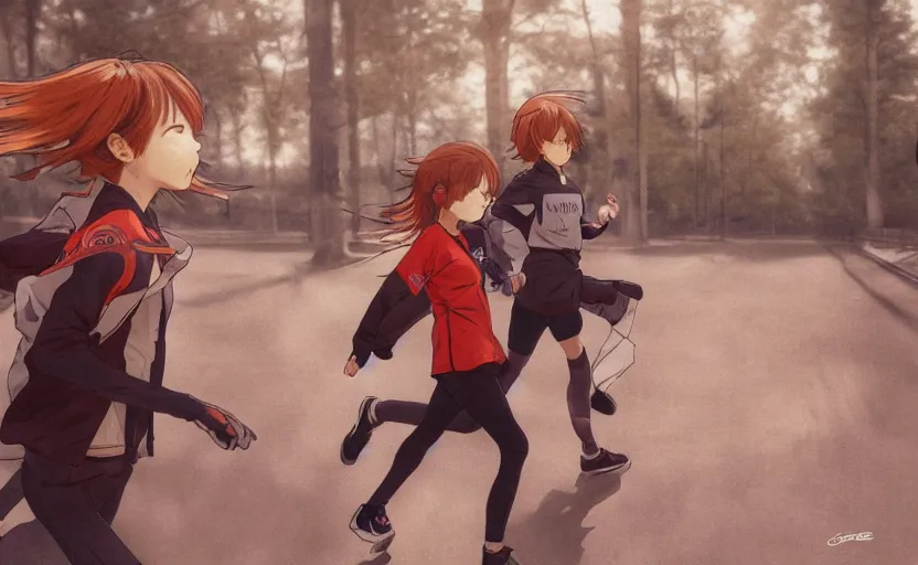 Image similar to anime style, a girl is running, red sport clothing, marathon, brown short hair, hair down, symmetrical facial features, from arknights, hyper realistic, rule of thirds, extreme detail, detailed 4 k drawing, safebooru, realistic lighting, by alphonse mucha, greg rutkowski, sharp focus, backlit