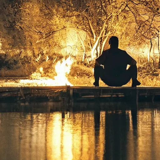 Image similar to a man sits by a lake, throwing pieces of his life into a bonfire. a great shapeless thing of darkness is drawn across the water to the light.