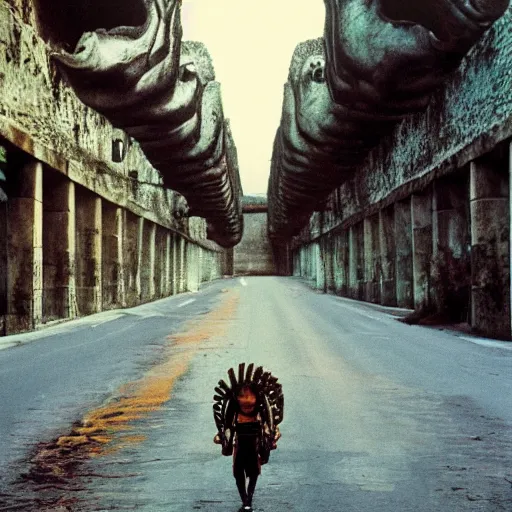 Prompt: empty street, mayan jaguar warrior, portrait, at dawn, by nan goldin, cinematography by quetzalcoatl