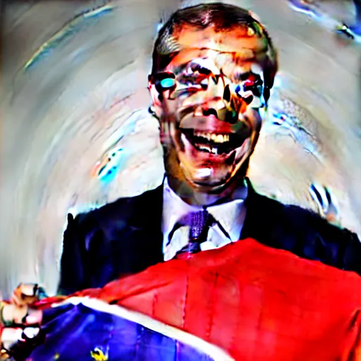 Image similar to nigel farage laughing holding burning eu flag, studio photograph, hd, studio