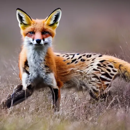 Image similar to a photograph of a fox and ocelot hybrid animal