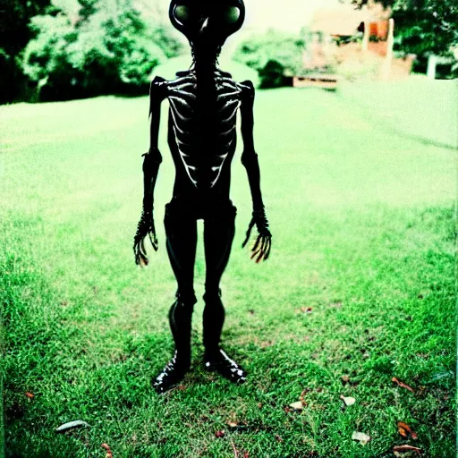 Prompt: Creepy alien caught walking on the backyard, candid amateur photo, full body shot, kodak film, 35mm lens