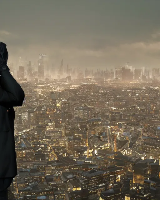 Image similar to a night rooftop scene, light from traffic in the city below, close up shot of a photorealistic gangster wearing a trench coat looking at the city below, unreal engine, hyper realism, realistic shading, cinematic composition, realistic render, octane render, detailed textures, high contrast dark black color