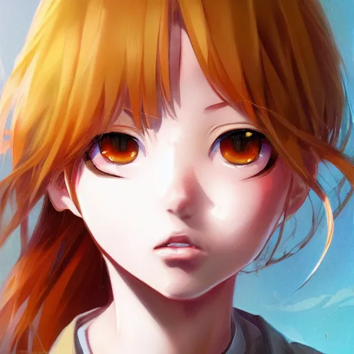 Image similar to An anime portrait of a beautiful happy girl with straight strawberry-blonde hair, brown eyes, wearing a shirt, closed mouth, child, by Stanley Artgerm Lau, WLOP, Rossdraws, James Jean, Andrei Riabovitchev, Marc Simonetti, and Sakimi chan, trending on artstation