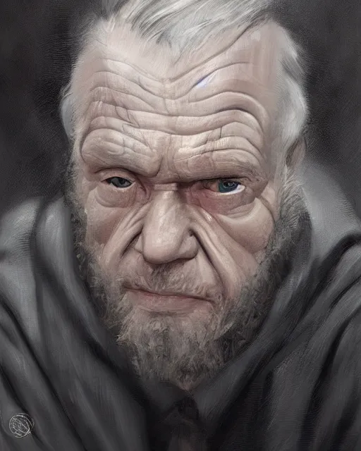 Prompt: artstation artgerm cgsociety portrait painting of a very sad old white man with windows peak hairline sitting in the rain on a park bench at night, with a beard and short light brown hair, frowning and eyes full of tears crying
