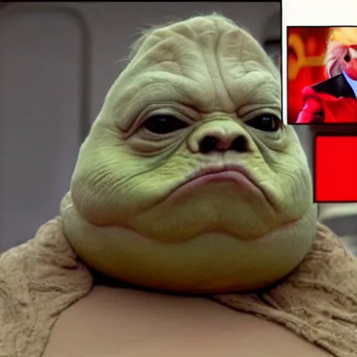 Prompt: movie still from star wars of Donald Trump as Jabba the Hutt