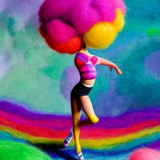 Image similar to a black girl with a colorful afro and rainbow eyes doing ballet, bright colours, bokeh!! watercolor, volumetric wool felting, macro photography, children illustration, by goro fujita