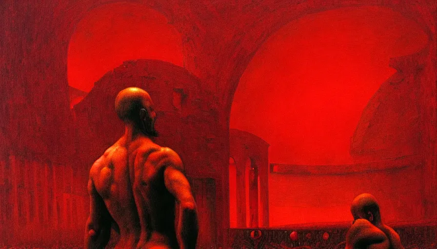 Image similar to only with red, a red gladiator in a crowded roman amphitheatre, crowd cheers him, in the style of beksinski and edward hopper and rodcenko and yue minjun, intricate and epic composition, red by caravaggio, highly detailed, masterpiece, red light, artstation