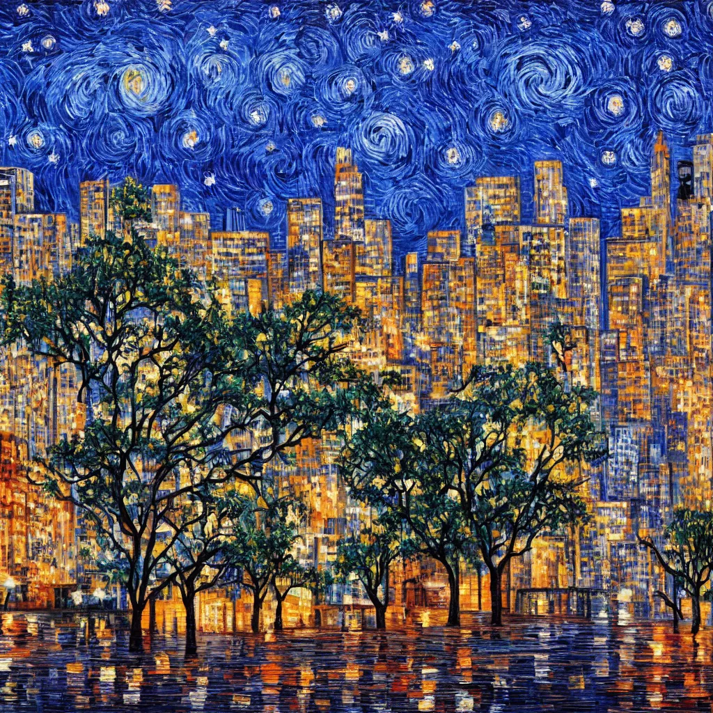 Prompt: the city of san antonio style of starry night modern epic skyscrapers trees blue swirls headlights oil painting expressive