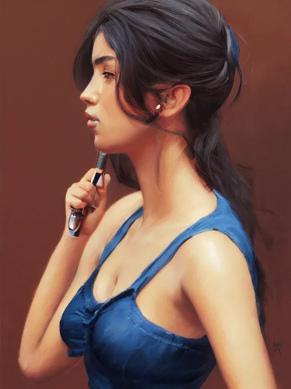 Image similar to an ultradetailed beautiful portrait painting of a mexican girl as a journalist, side view, oil painting, high resolution, by ilya kuvshinov, greg rutkowski and makoto shinkai