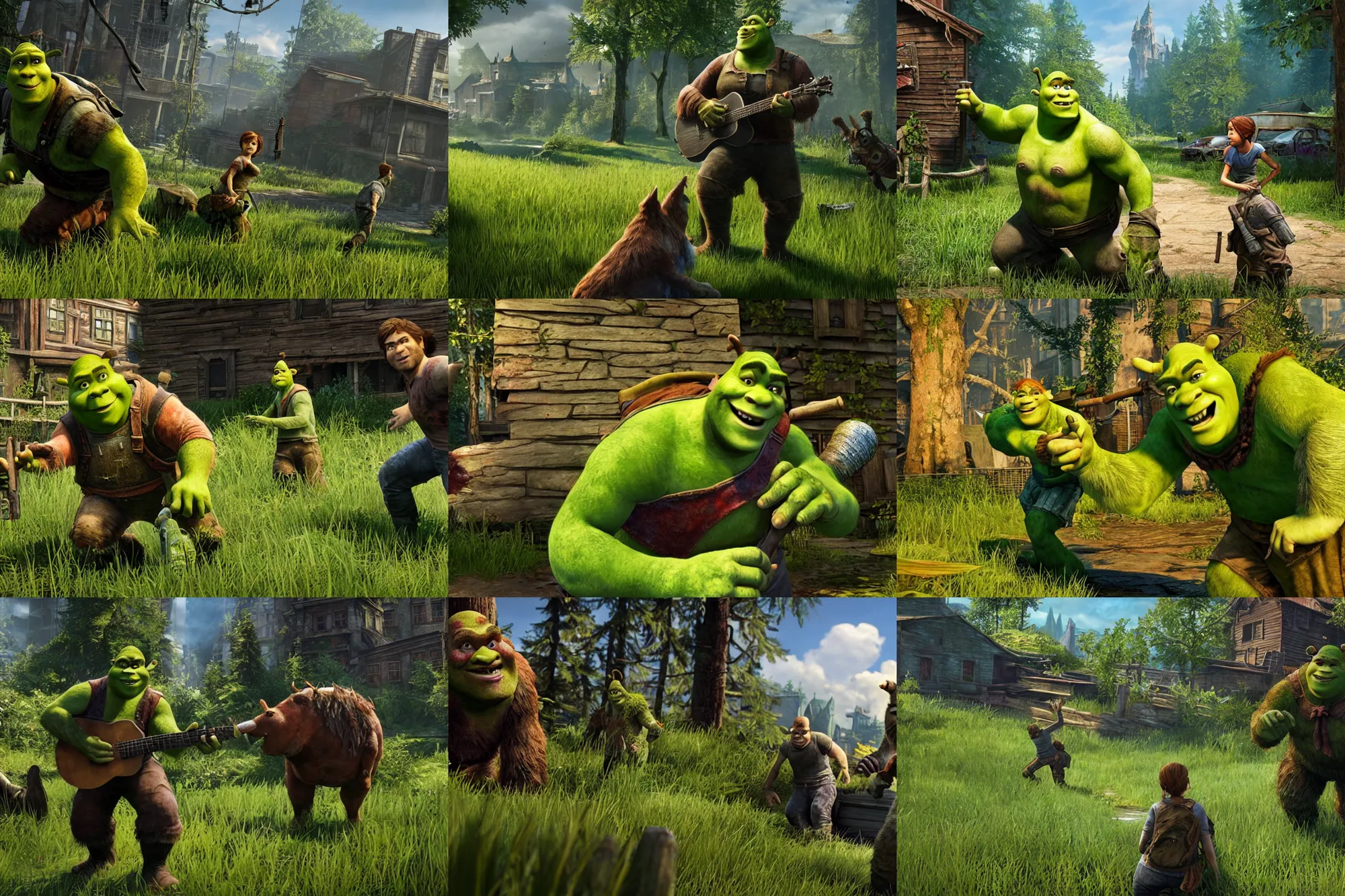 Prompt: a promotional gameplay screenshot of shrek in the video game the last of us. 3 d rendering. very detailed