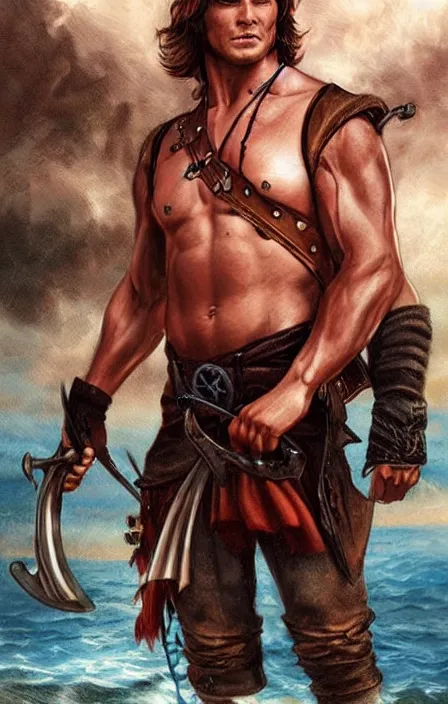 Image similar to pretty muscular sam winchester as a pirate in a pirate ship, fantasy style, sharp focus!, ultra detailed, art by artgerm and peter andrew jones, wlop