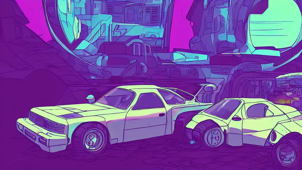 Prompt: an retrowave cyberpunk car on the moon, pastel, colorful, bright, cartoony, digital art