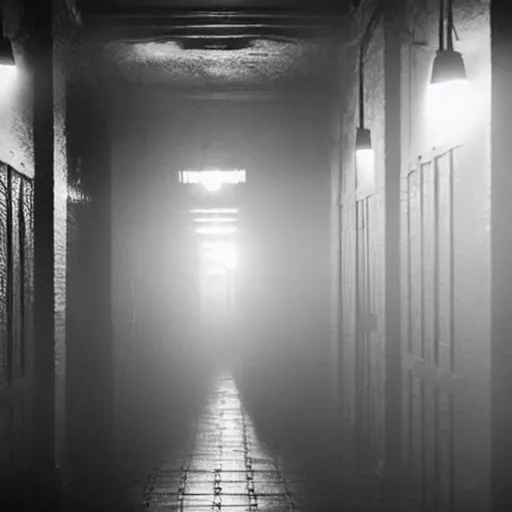 Image similar to Ted Cruz standing at the end of a long, narrow corridor, black and white, creepy lighting, foggy atmosphere, scary, horror, ornate, eerie, fear