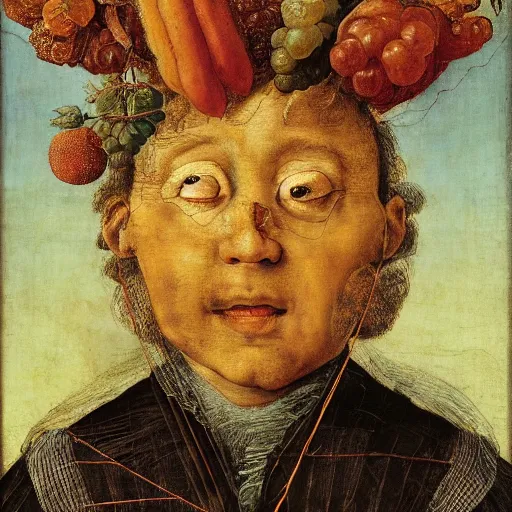 Image similar to a boy and his kite, by giuseppe arcimboldo, renaissance, portrait, fruit, detailed oil paint, high definition