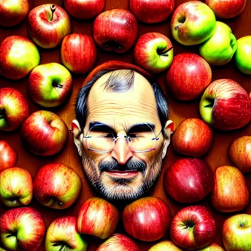 Image similar to a pile of apples, apples, apples arranged in the shape of a face resembling steve jobs, apples, fantasy, intricate, elegant, highly detailed, lifelike, photorealistic, digital painting, artstation, illustration, smooth, sharp focus, art by giuseppe arcimboldo