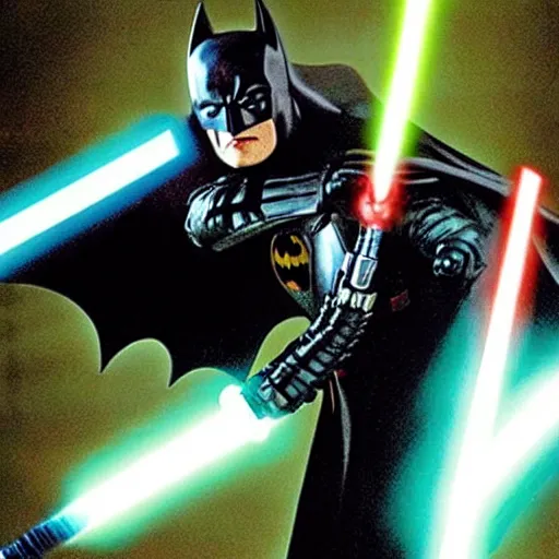 Image similar to photograph of batman engaging in a lightsaber battle in star wars 2 0 0 5