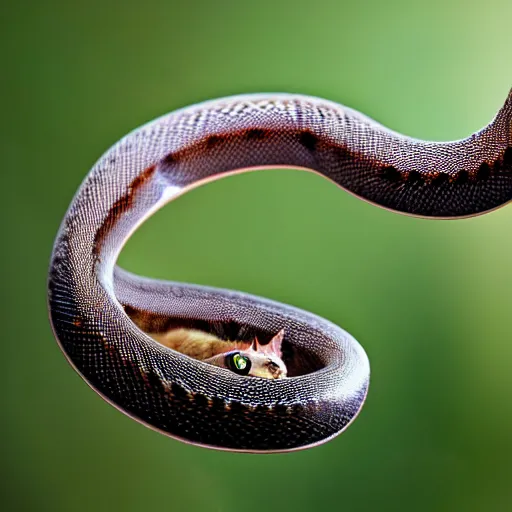 Image similar to a stunning professional photo of a cat snake, ultra detail, hyperrealistic, beautiful, national geographic quality