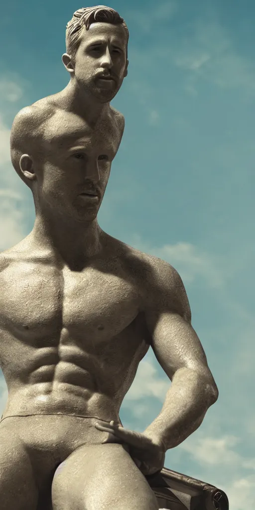 Prompt: Statue of Ryan Gosling - intergalactic leader, view from below, hyper realistic, very very very beautiful scenery, hd, hdr, ue5, ue6, unreal engine 5, cinematic 4k wallpaper, 8k, ultra detailed, high resolution, artstation, award winning