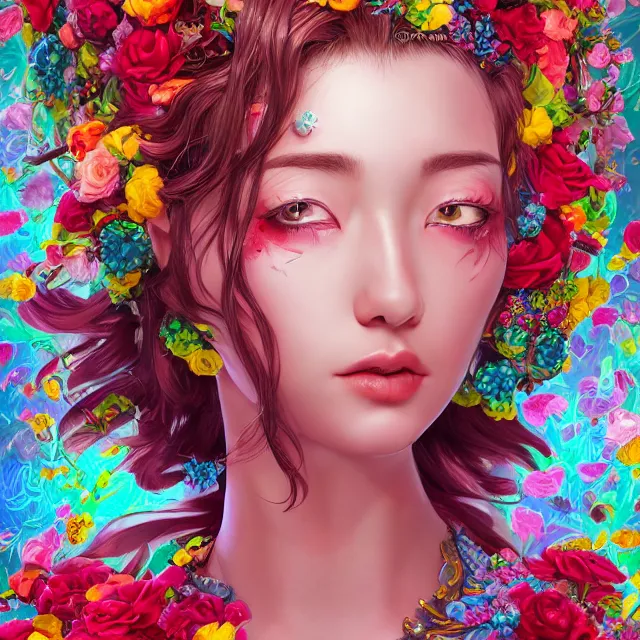 Image similar to studio portrait absurdly beautiful, elegant, graceful, young hypercolorful sensual anime teen rubies red petals gems, ultrafine hyperrealistic detailed face illustration by kim jung gi, irakli nadar, intricate linework, sharp focus, bright colors, matte, octopath traveler, final fantasy, unreal engine highly rendered, global illumination, radiant light, intricate rainbow environment