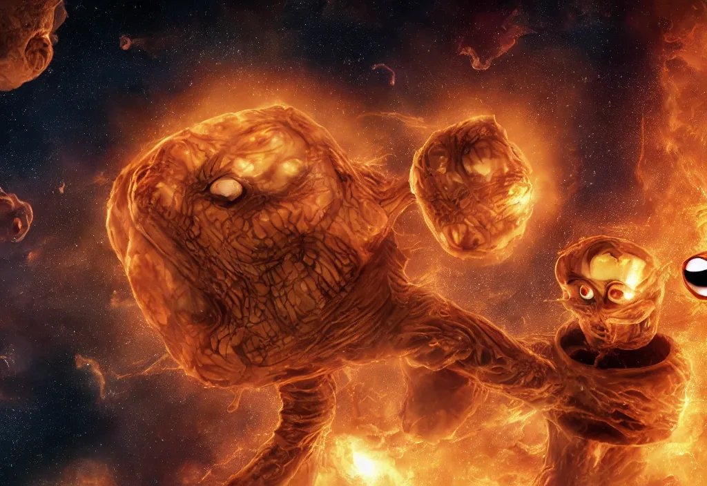 Image similar to eldritch horror bloody garfield in space, hd, 8 k, giant, epic, realistic photo, unreal engine, stars, prophecy, powerful, cinematic lighting, destroyed planet, debris, violent, sinister, ray tracing, dynamic, epic composition, dark, horrific, teeth, grotesque, monochrome drawing, hellscape, death, corpses, foreboding