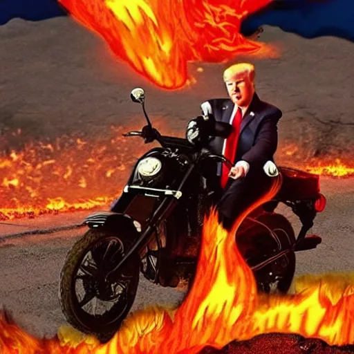 Image similar to Donald trump in a fire-y landscape, riding a motorbike without the helmet on