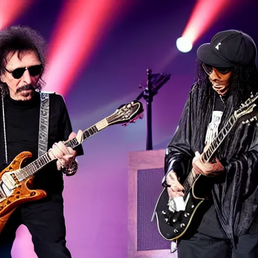 Image similar to Tony Iommi and Wiz Khalifa on a stage