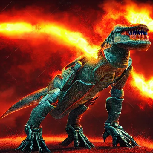 Image similar to t-rex mecha bursting flames, photorealistic, 3D