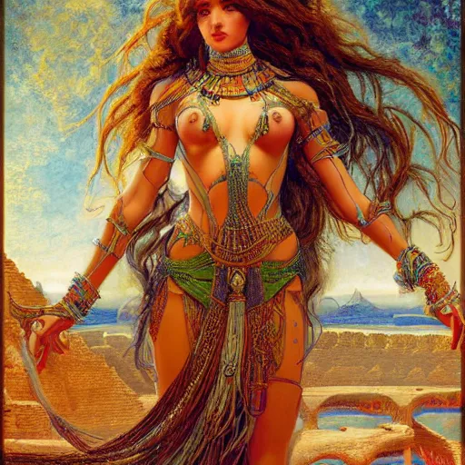 Image similar to artstation, intricate details, hyper details, by gaston bussiere and sandro botticelli, tan skin sumerian goddess inanna, lady of elche, egyptian sumerian features, techno mystic dominatrix goddess intergalactica, inanna with aqua neon rapunzel dreadlocks,