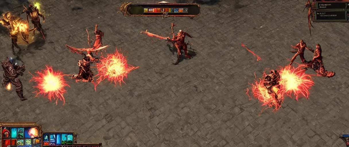 Image similar to path of exile, maven fight, resurrect in town